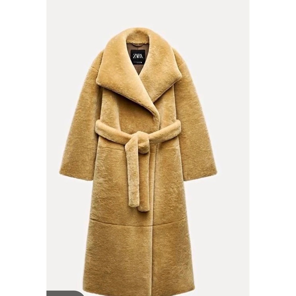 Zara Women Camel Faux Fur Longline Belted Wrap Coat M-L 6318/243 NEW